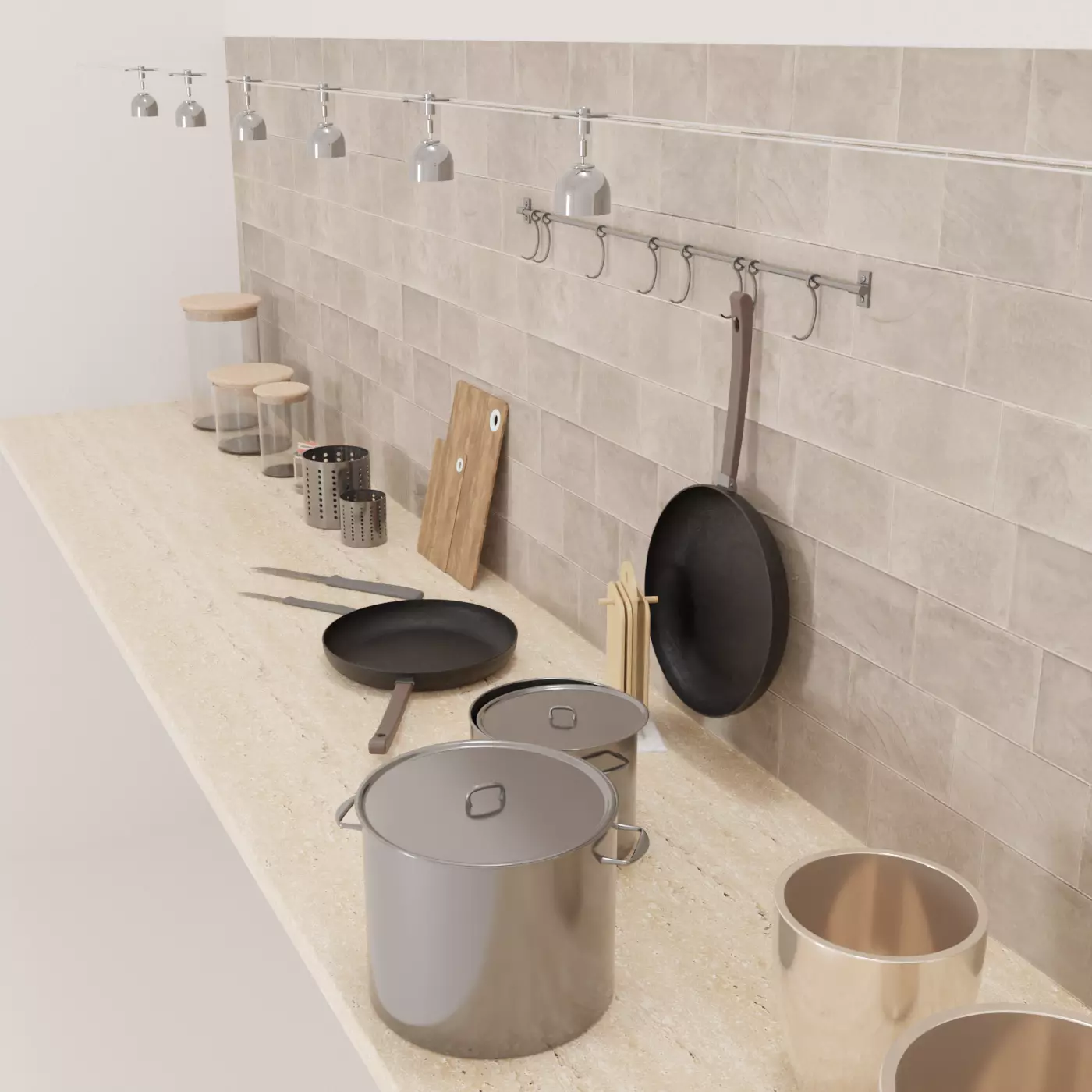 Kitchenware kitchen with pots and pans on counter Free 3D model