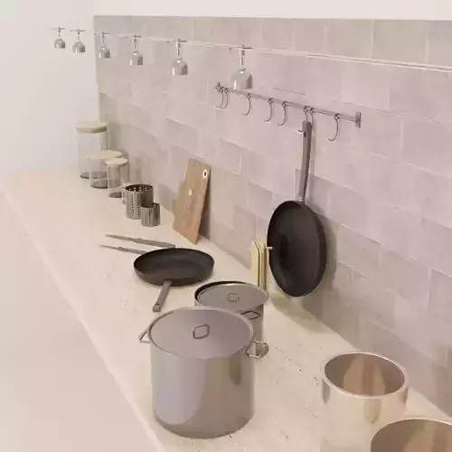 Kitchenware kitchen with pots and pans on counter
