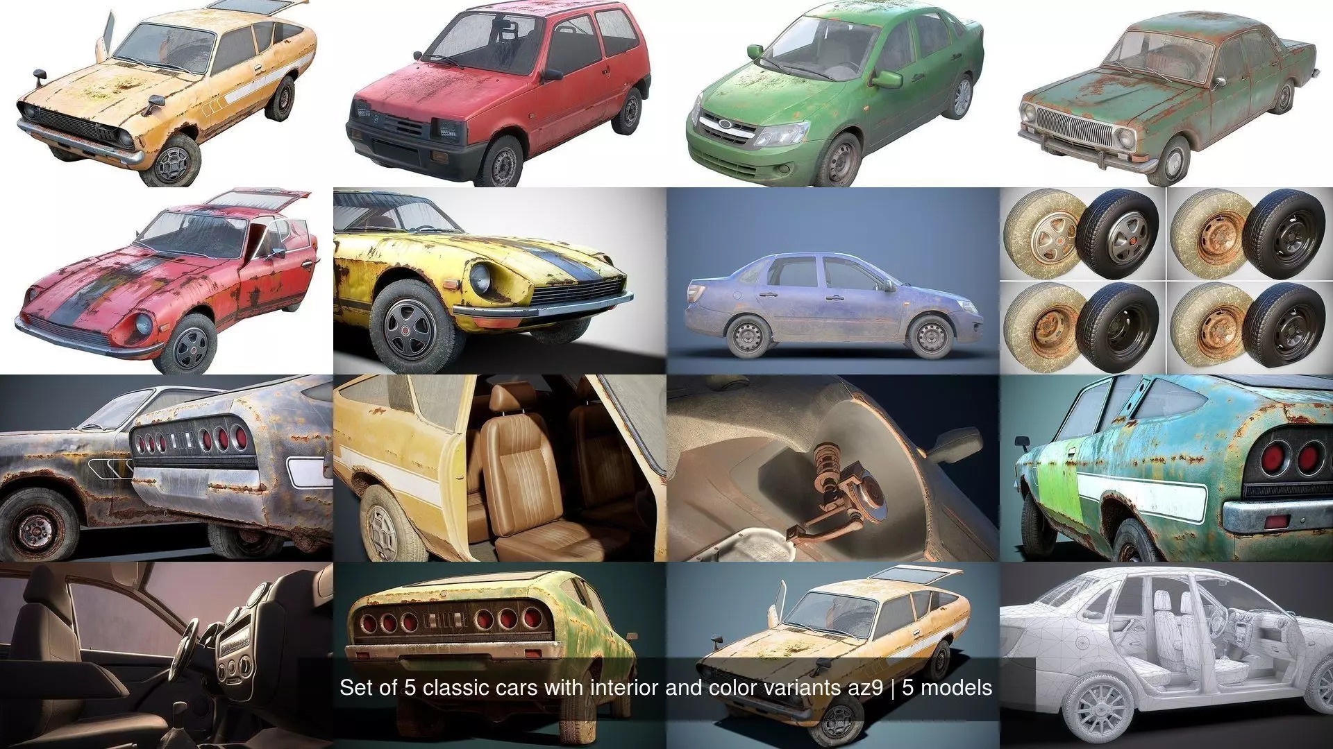 Set of 5 classic cars with interior and color variants az9 3D Model Collection_1