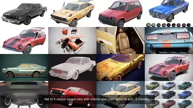 Set of 5 classic coupe cars with interior and color variants az9