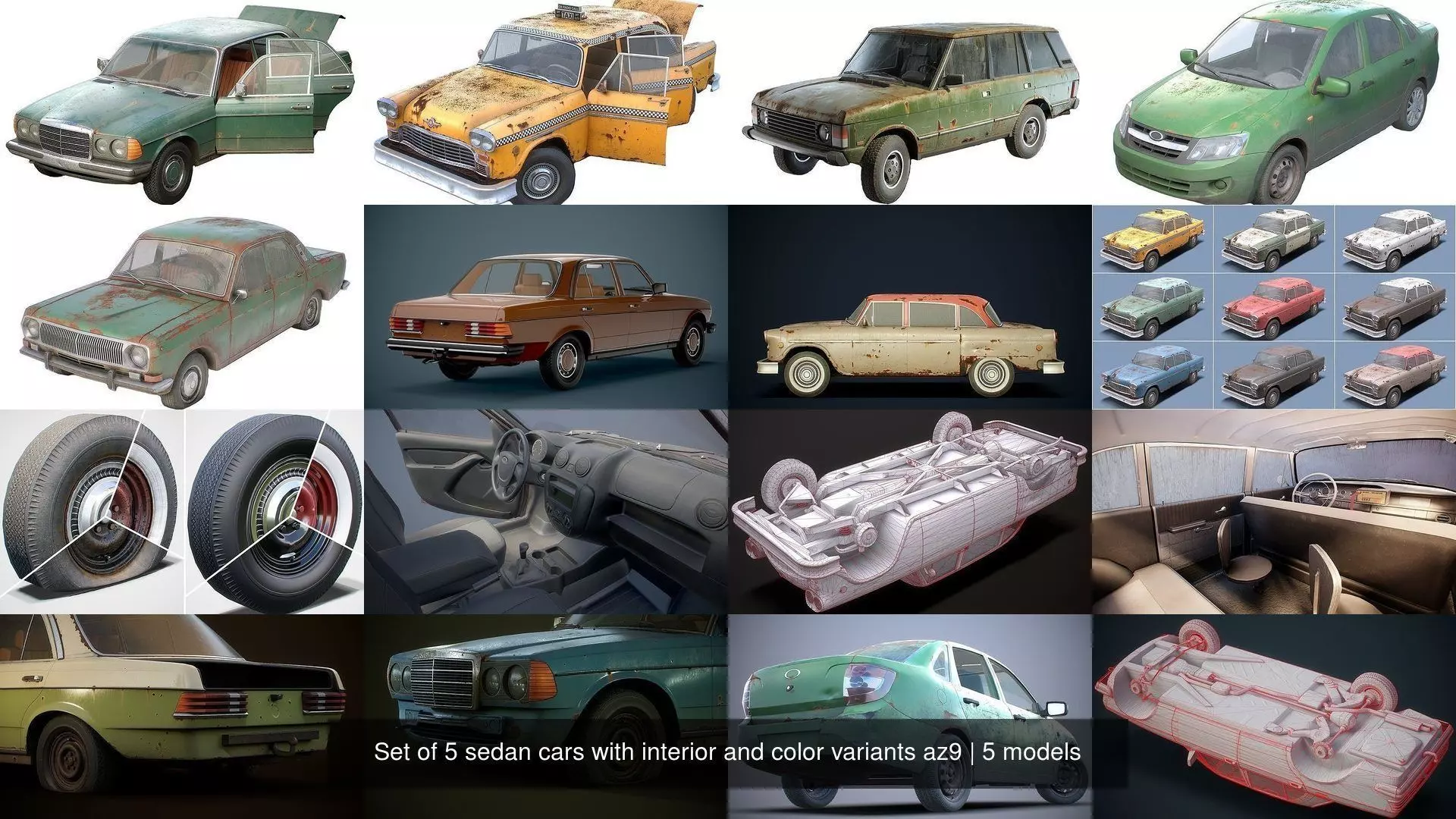 Set of 5 sedan cars with interior and color variants az9 3D Model Collection_1