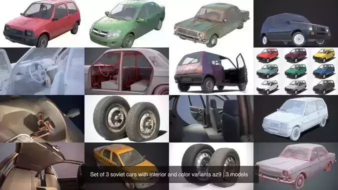 Set of 3 soviet cars with interior and color variants az9