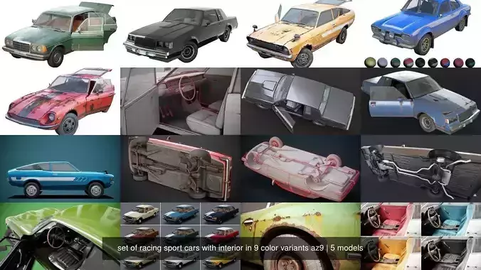 set of racing sport cars with interior in 9 color variants az9