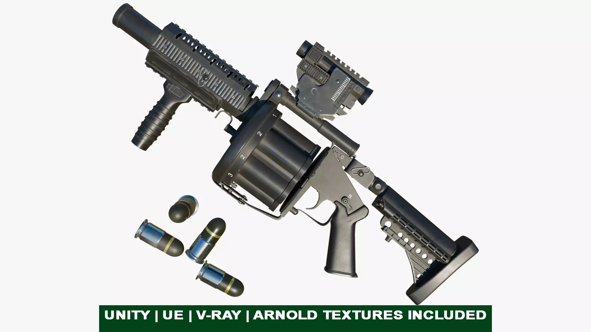 Grenade Launcher Gun All PBR Unity UE Textures Included Low-poly 3D model_0