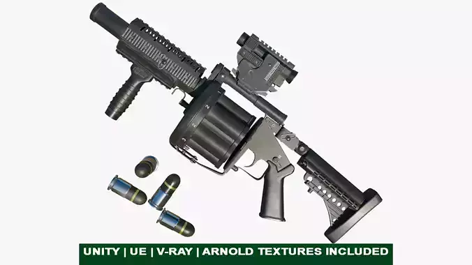 Grenade Launcher Gun All PBR Unity UE Textures Included Low-poly 3D model