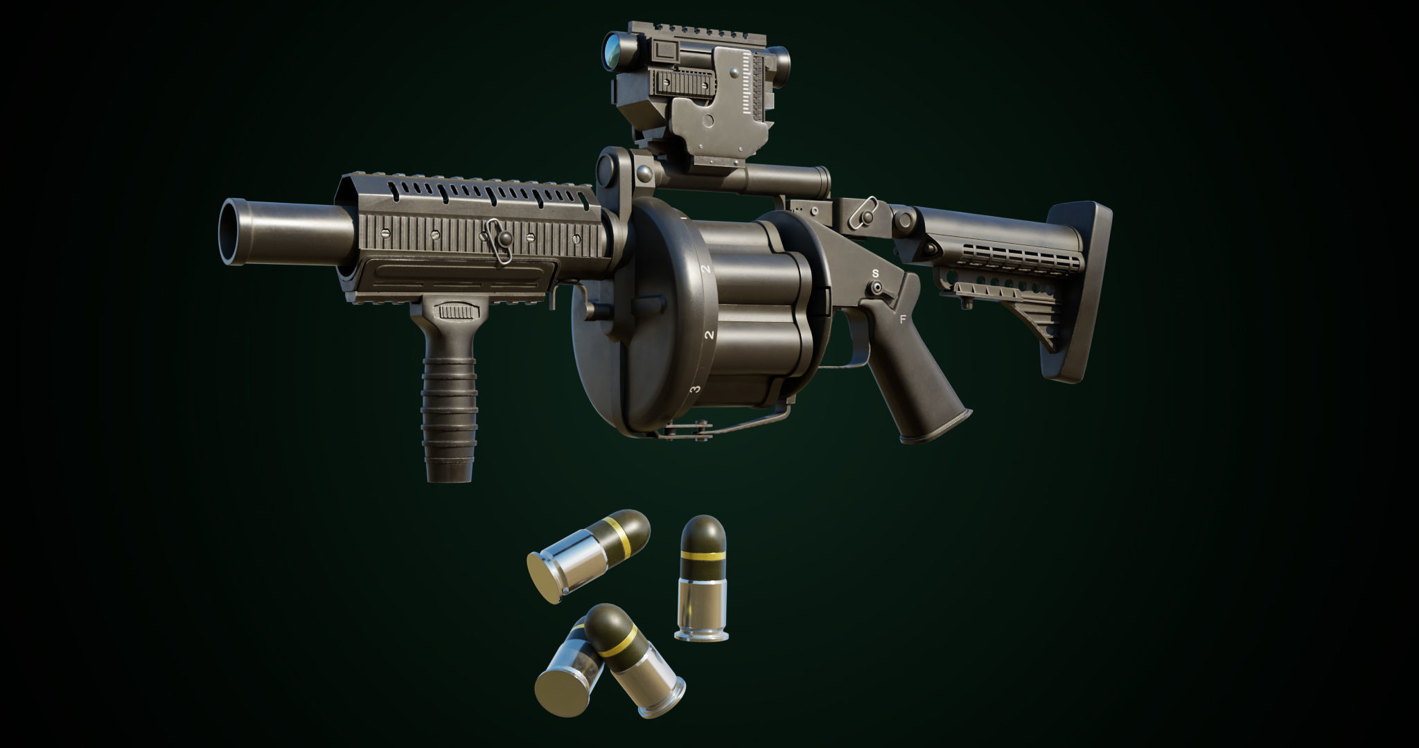 Grenade Launcher Gun All PBR Unity UE Textures Included Low-poly 3D model_5