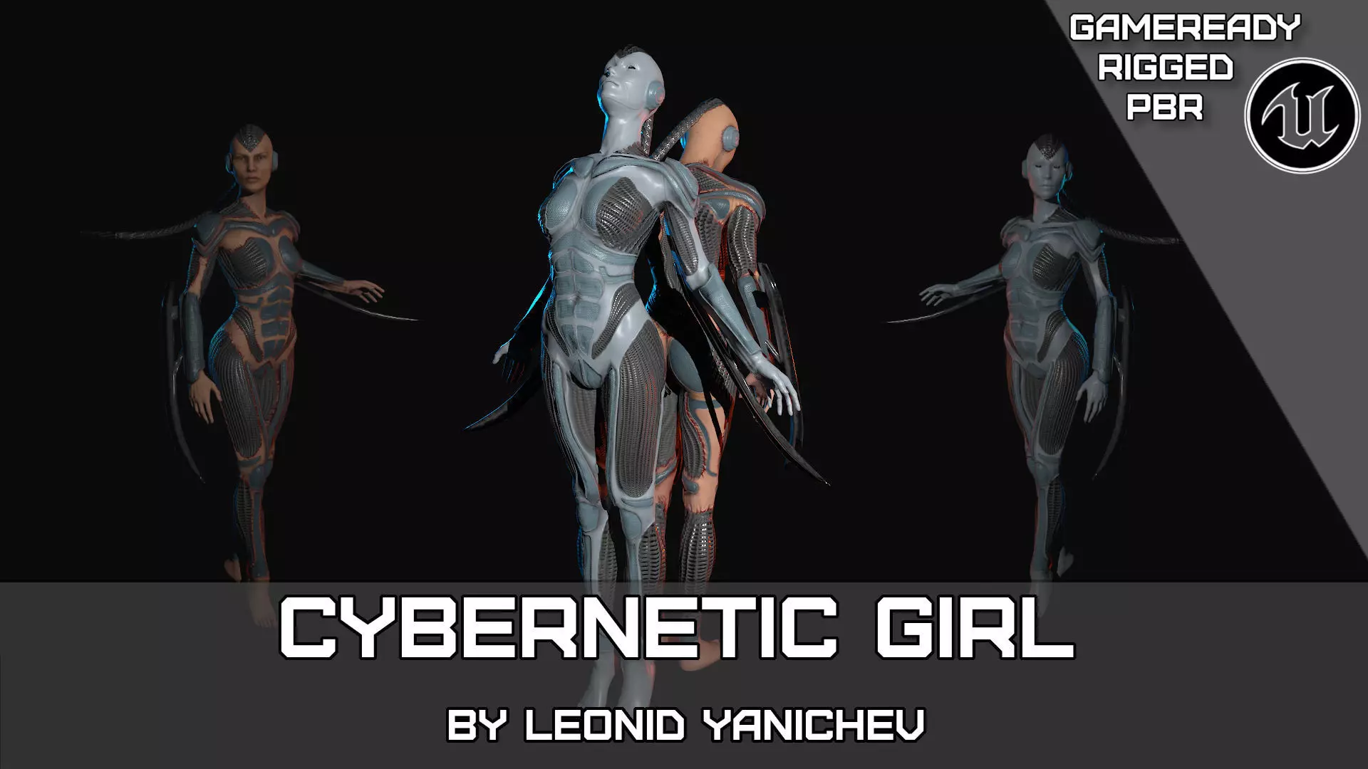 Cybernetic girl rigged 2 skin versions low poly Low-poly 3D model_0