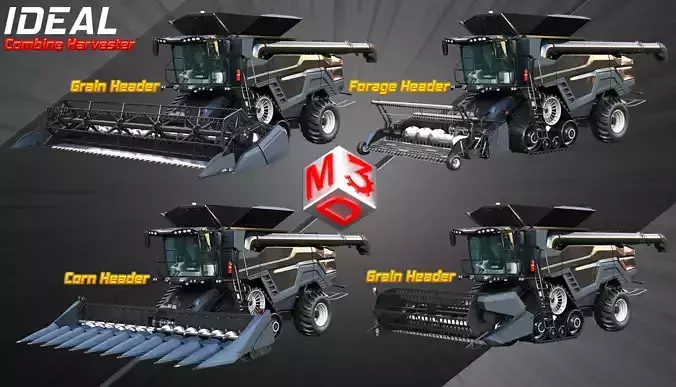 IDEAL - Combine Harvesters - 4 Different Harvester Heads 4 in 1 3D Model Collection