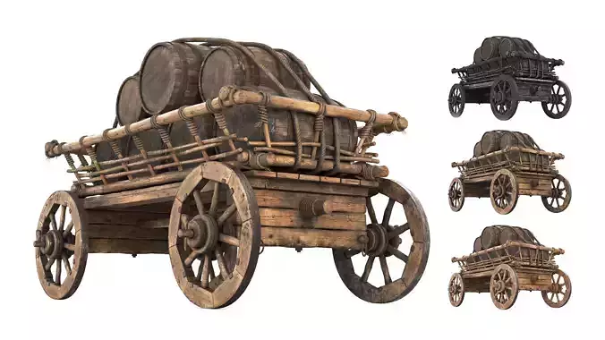 Medieval cart with barrels 3D model