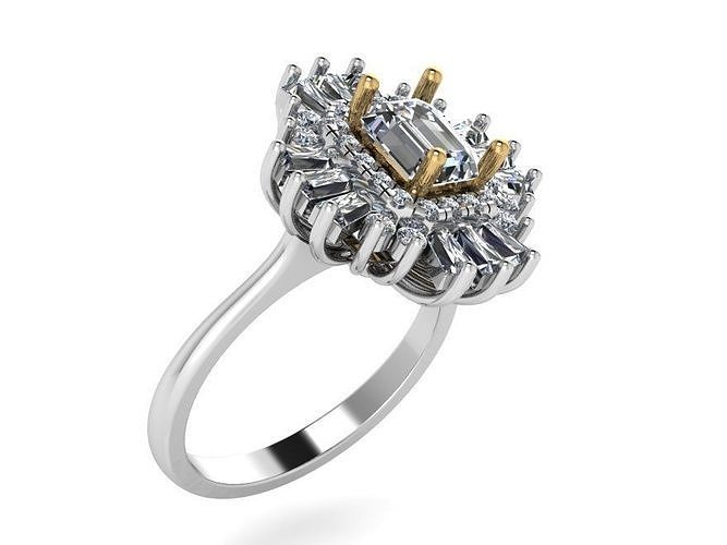 fashion ring emerald and baguette stones 408 3D print model