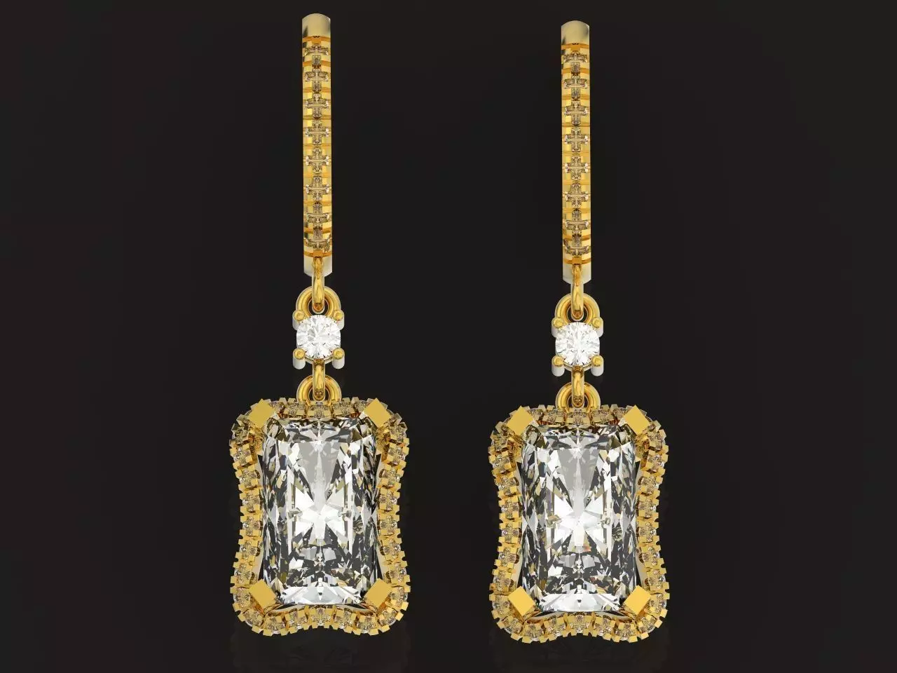 luxury engagement earrings with a large radiant stone 3D print model