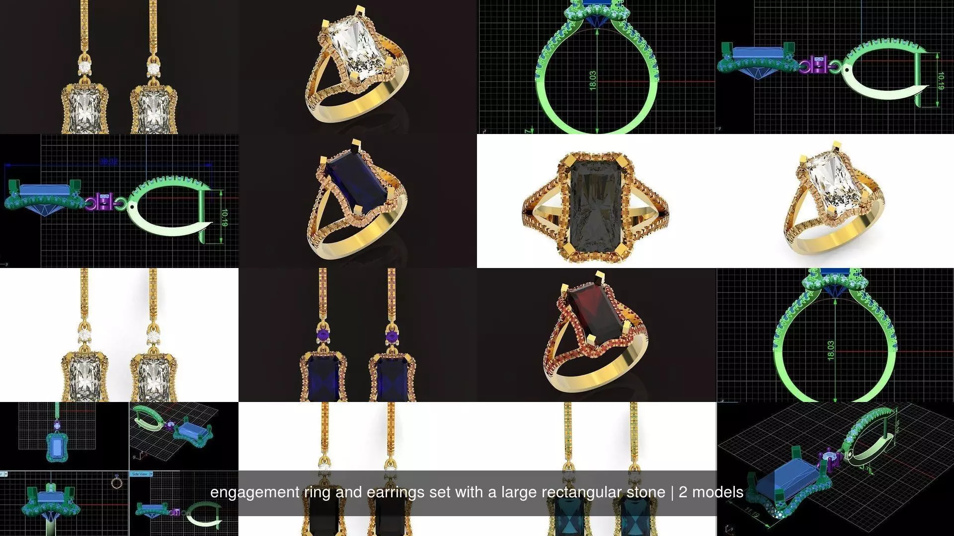 engagement ring and earrings set with a large radiant stone 3D Model Collection_1