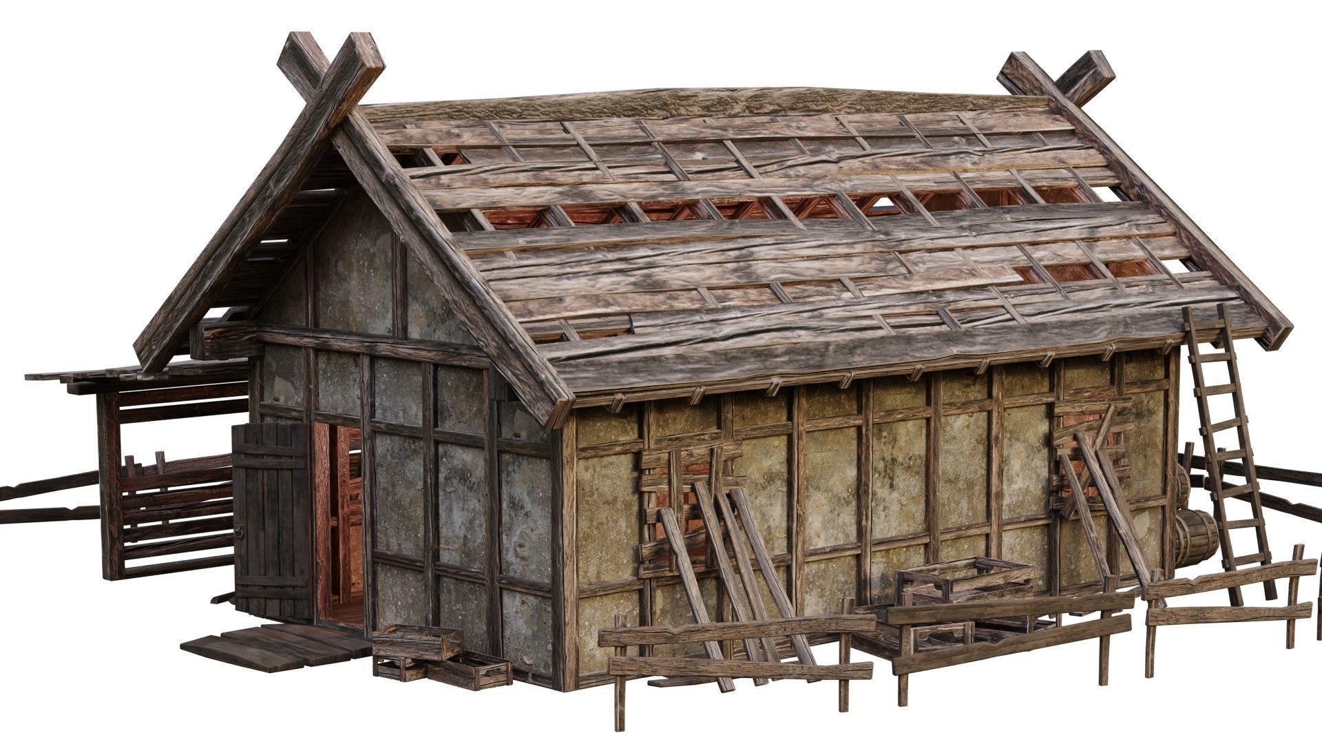 4 Old Medieval Building House Pack 4K Tex GameReady 53 to 56 Low-poly 3D model_41