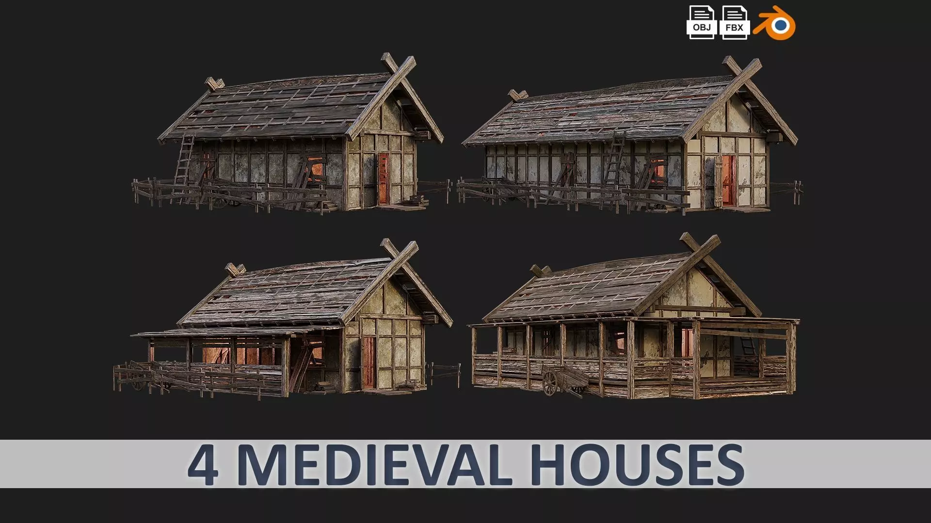 4 Old Medieval Building House Pack 4K Tex GameReady 53 to 56 Low-poly 3D model_0