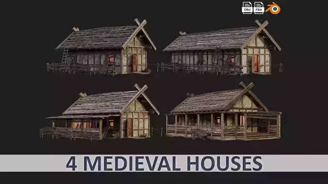 4 Old Medieval Building House Pack 4K Tex GameReady 53 to 56