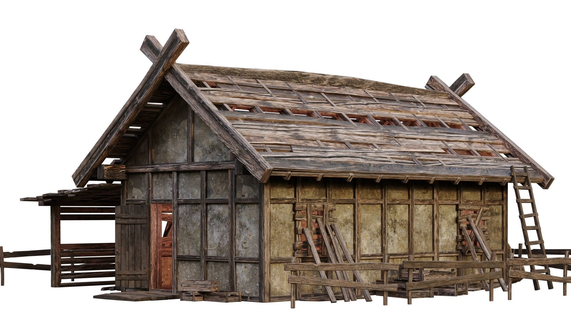 4 Old Medieval Building House Pack 4K Tex GameReady 53 to 56 Low-poly 3D model_36