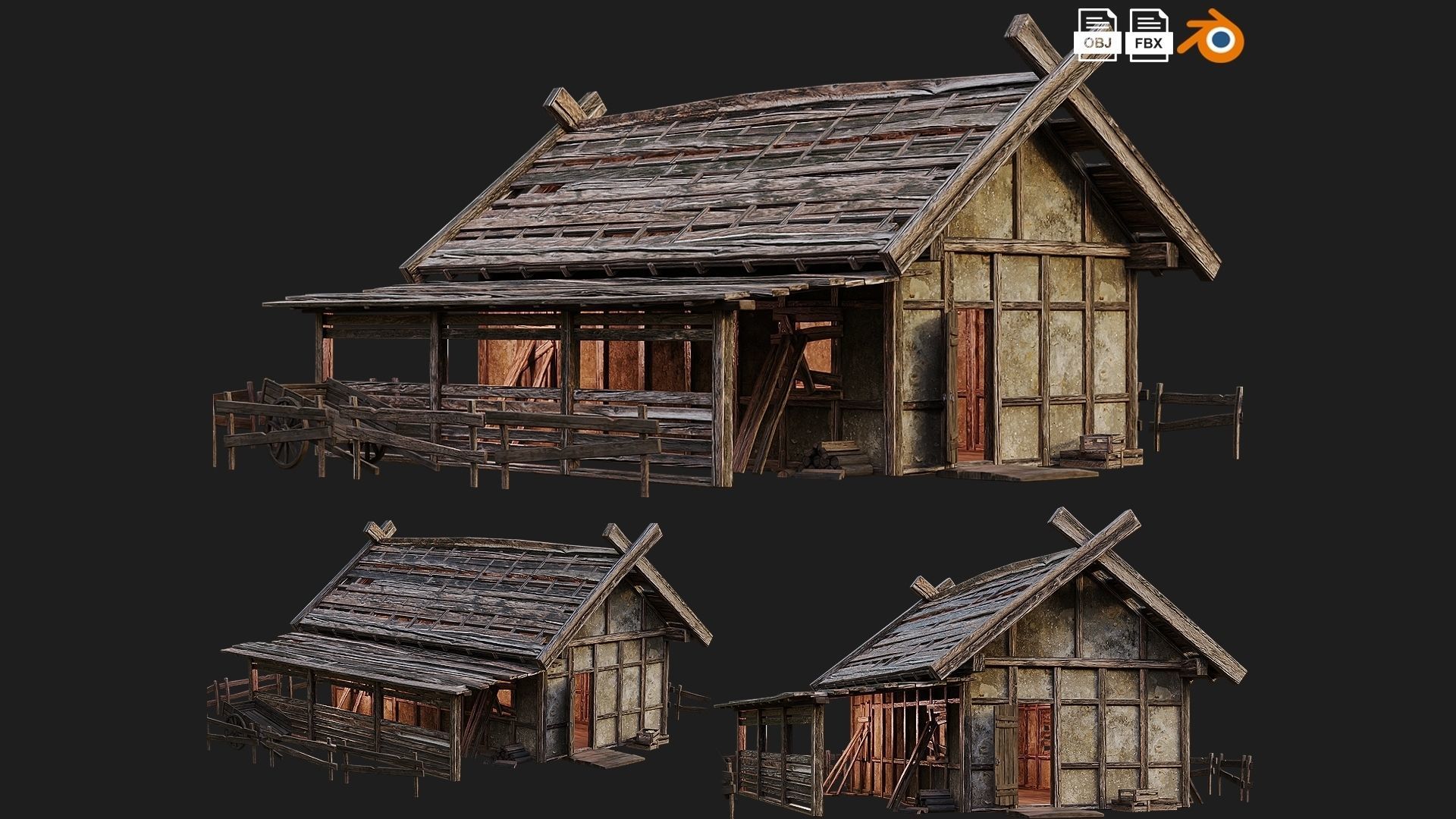 4 Old Medieval Building House Pack 4K Tex GameReady 53 to 56 Low-poly 3D model_3