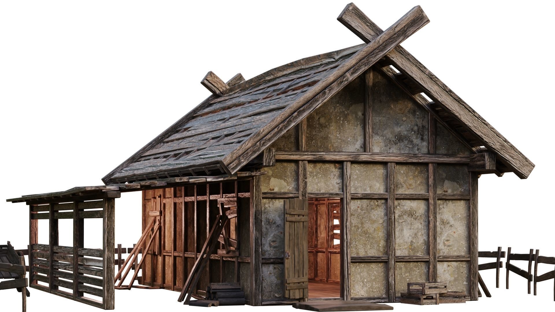 4 Old Medieval Building House Pack 4K Tex GameReady 53 to 56 Low-poly 3D model_31