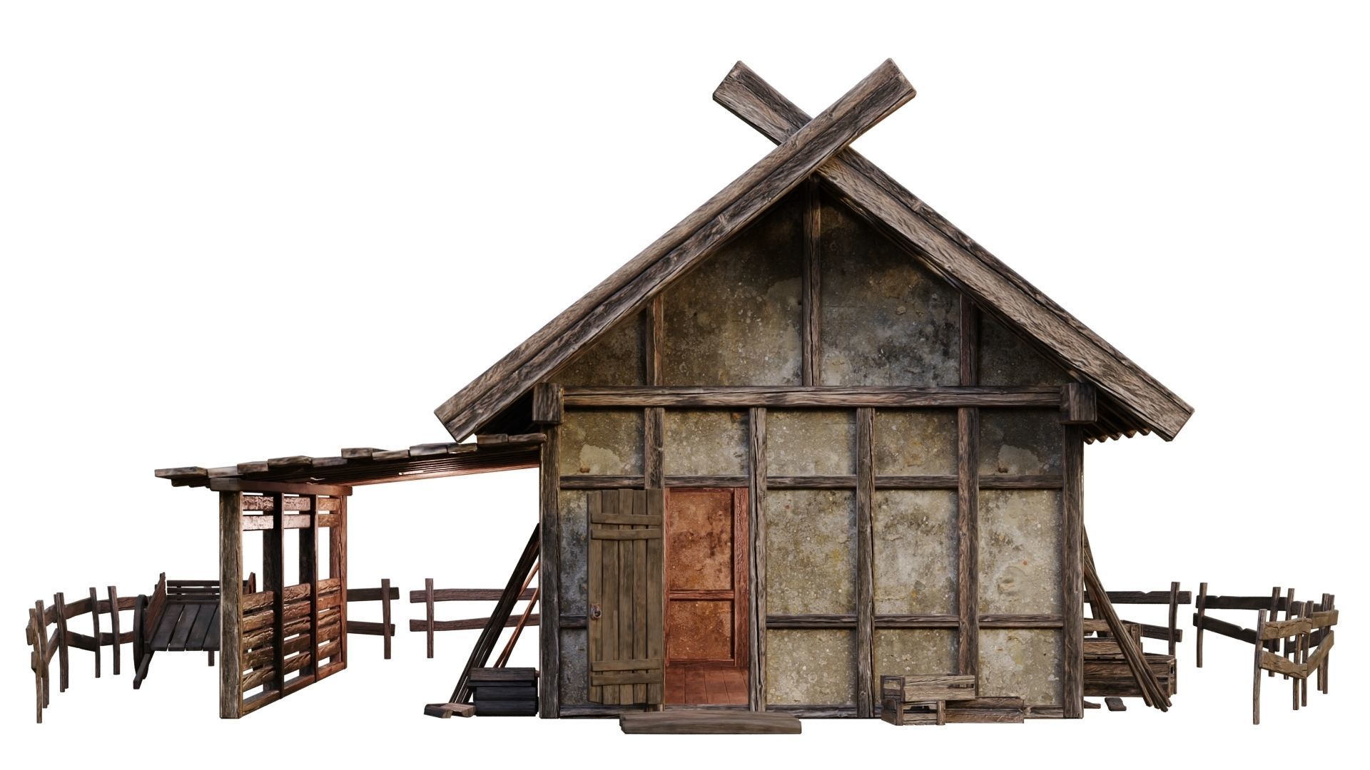 4 Old Medieval Building House Pack 4K Tex GameReady 53 to 56 Low-poly 3D model_37