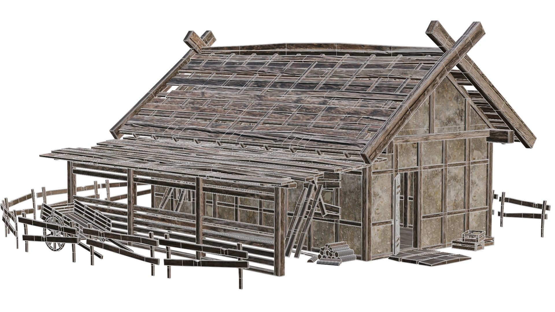 4 Old Medieval Building House Pack 4K Tex GameReady 53 to 56 Low-poly 3D model_33