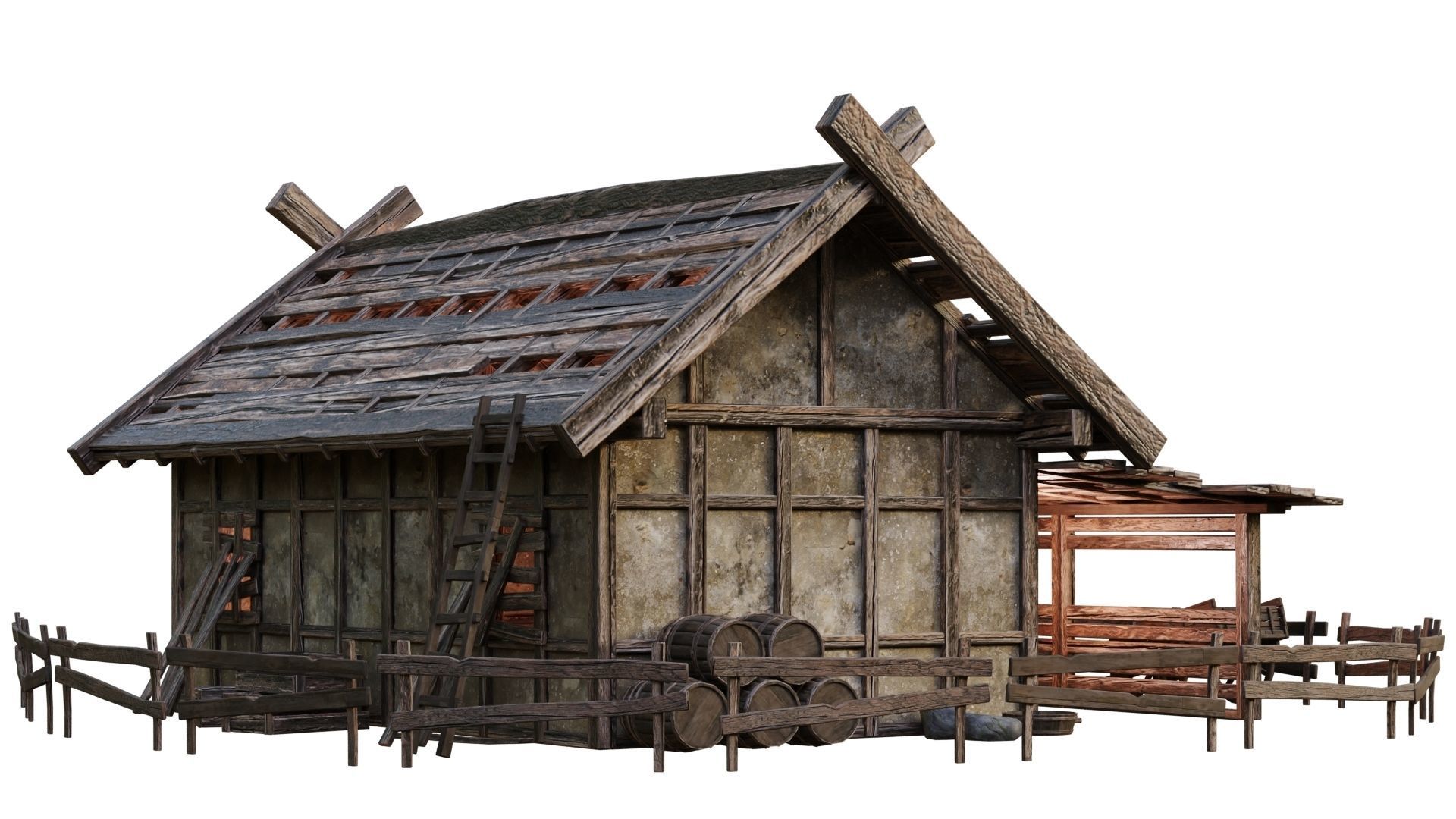 4 Old Medieval Building House Pack 4K Tex GameReady 53 to 56 Low-poly 3D model_35