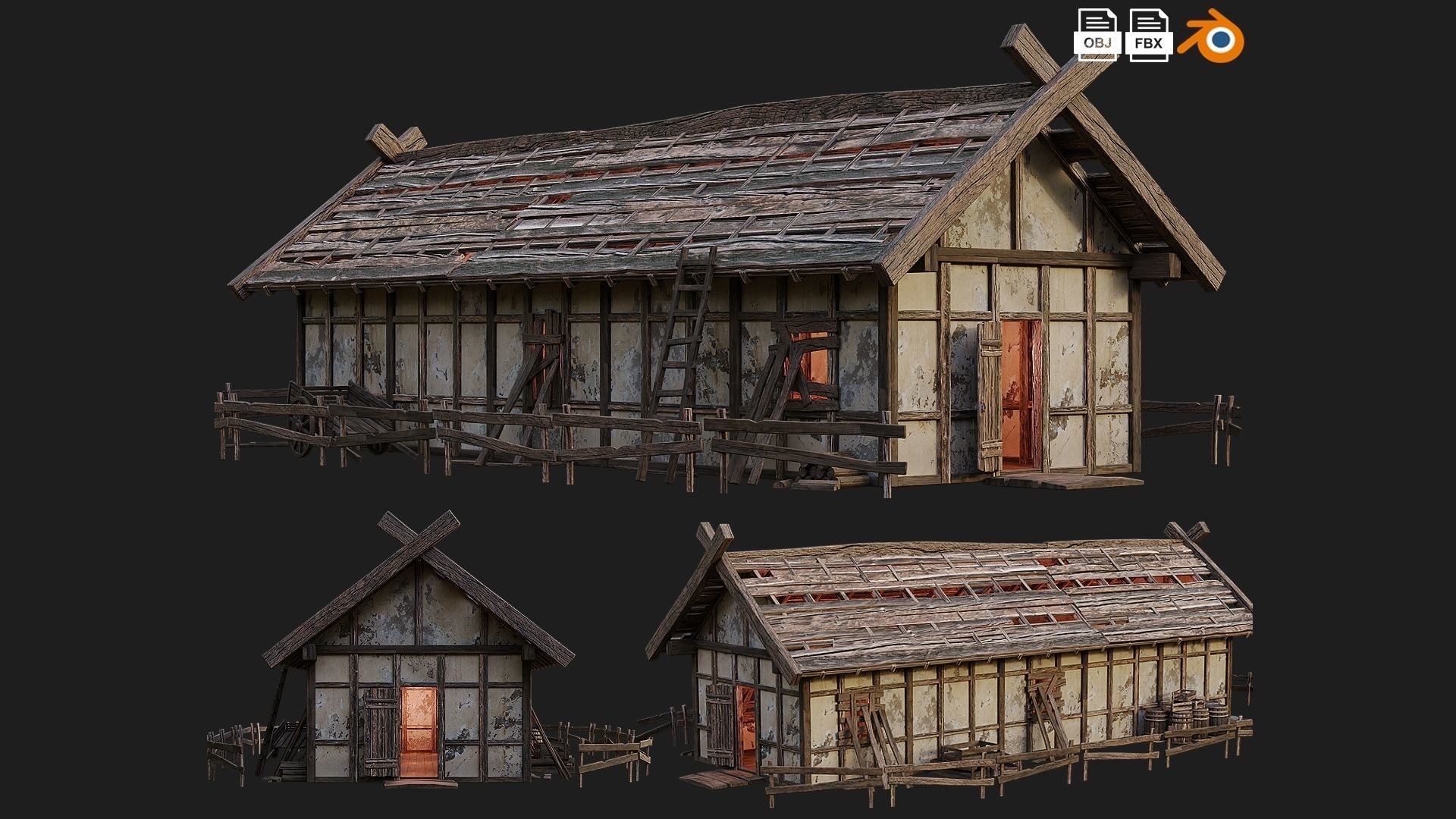 4 Old Medieval Building House Pack 4K Tex GameReady 53 to 56 Low-poly 3D model_2