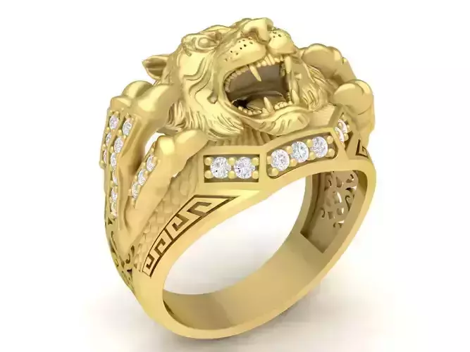 Tiger Head Ring with Diamond Accents 3D Model for Jewelry 3637