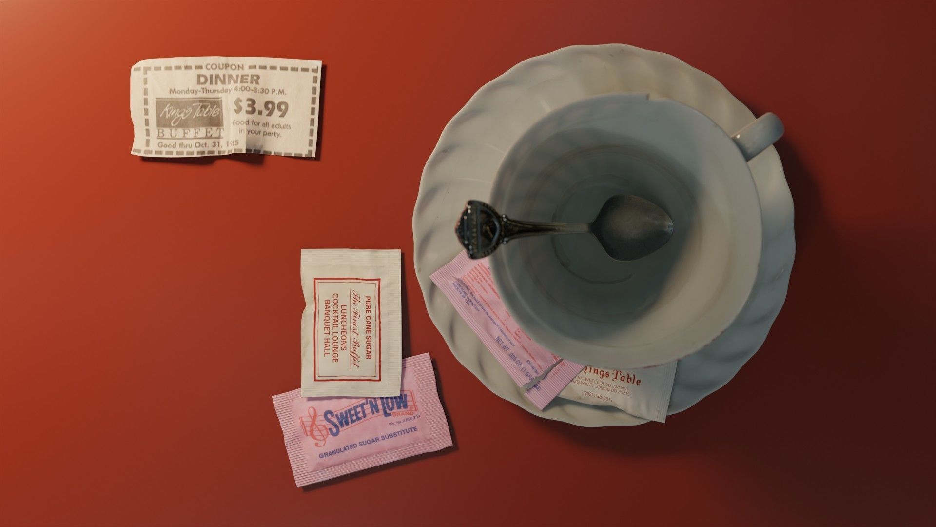 Coffee Cup with Sweeteners and Souvenir Spoon 3D model_2