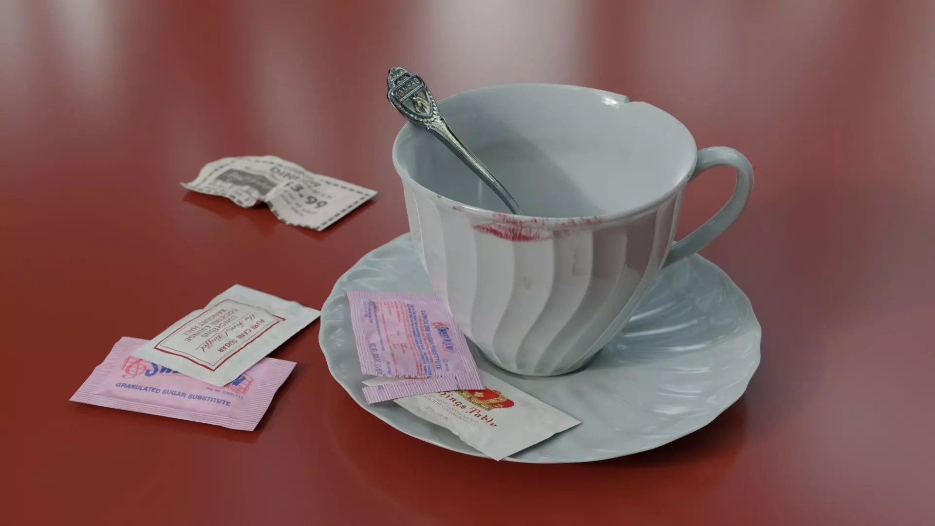 Coffee Cup with Sweeteners and Souvenir Spoon 3D model_0