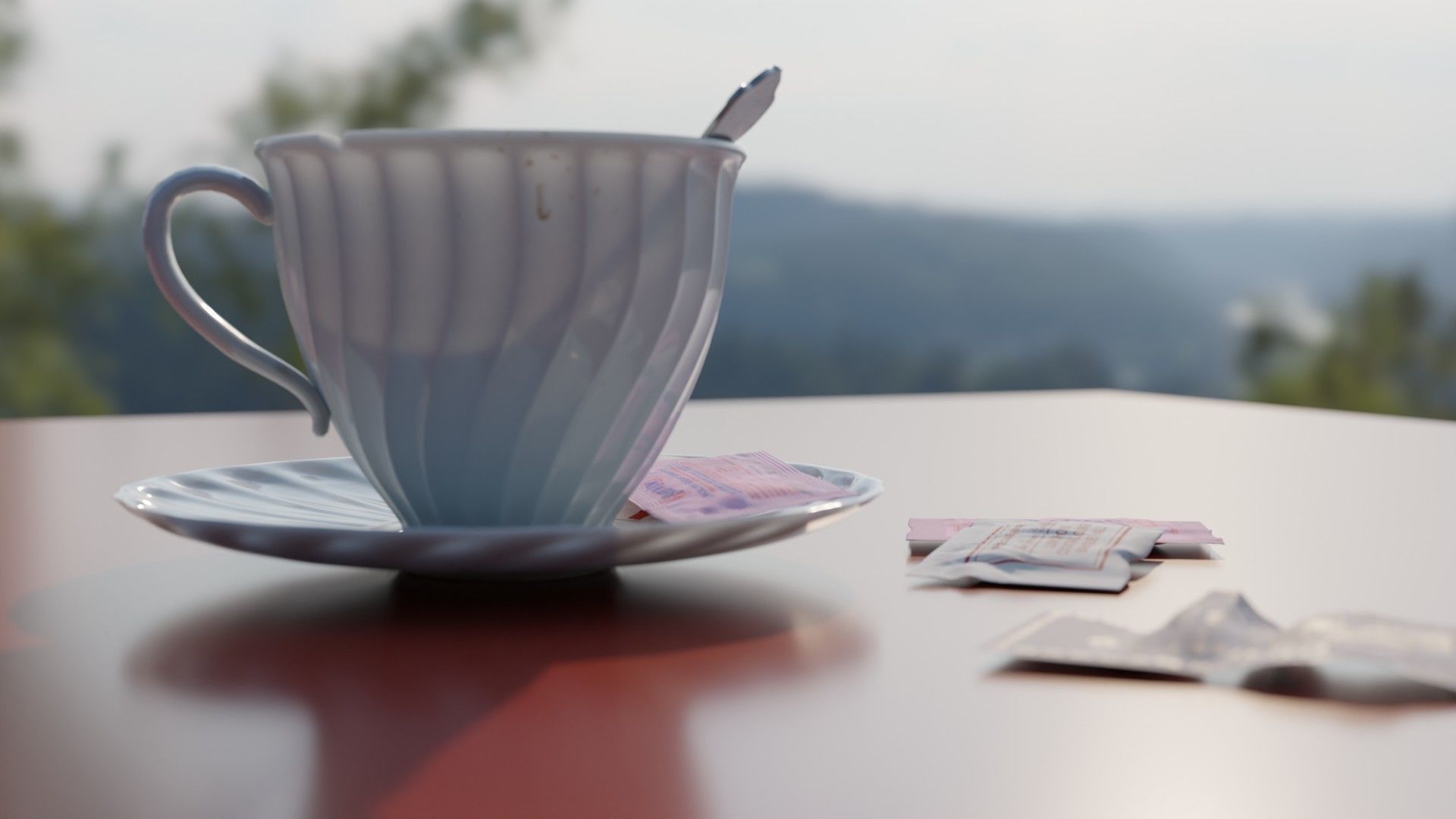 Coffee Cup with Sweeteners and Souvenir Spoon 3D model_1