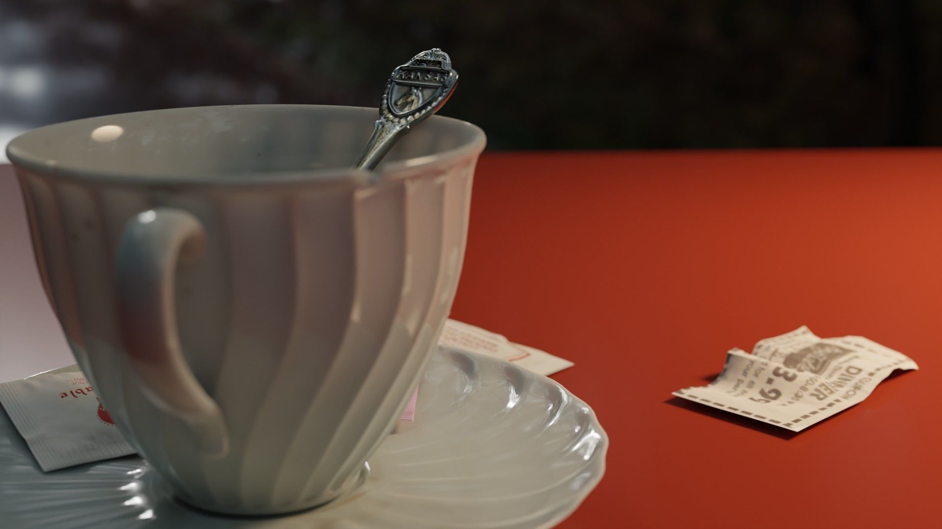 Coffee Cup with Sweeteners and Souvenir Spoon 3D model_4