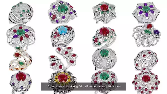 16 gemstone cocktail ring 3dm stl render details 3D Model Collection