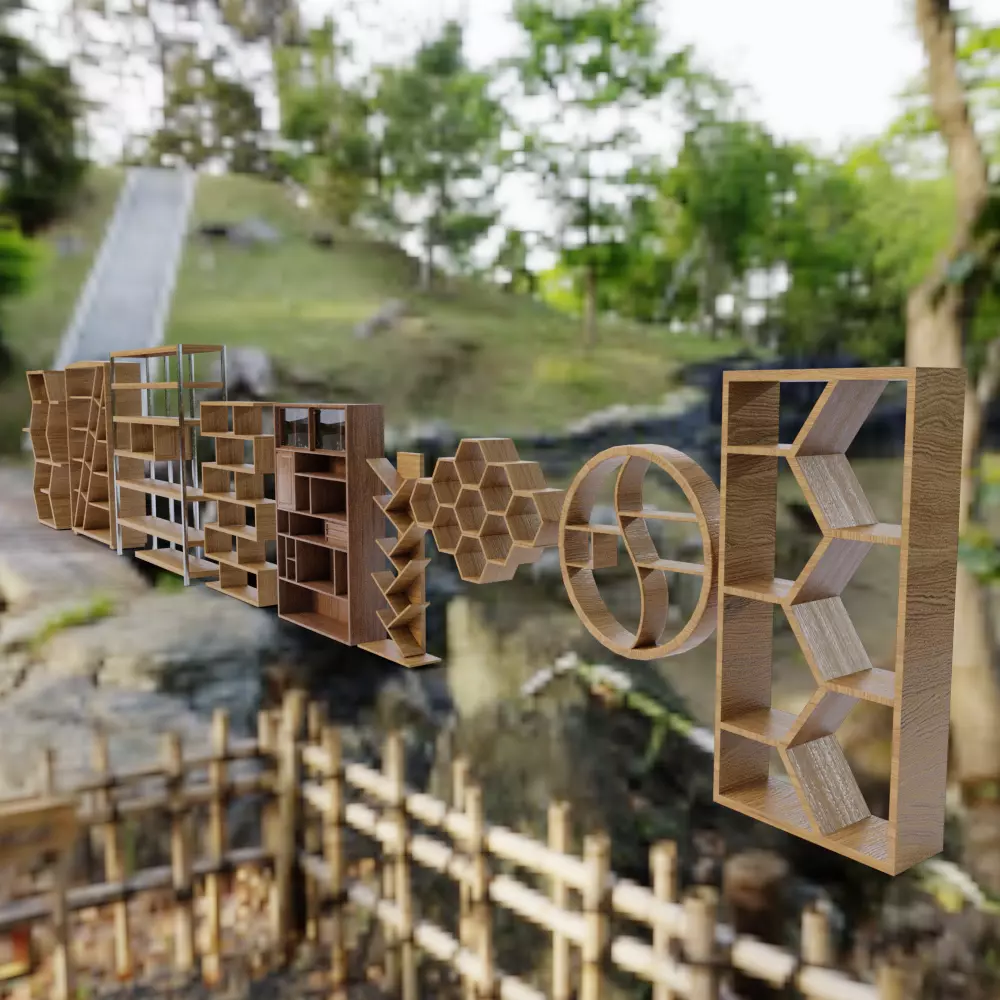 Bookcase Collection set of wooden shelves in wooded area Free 3D model