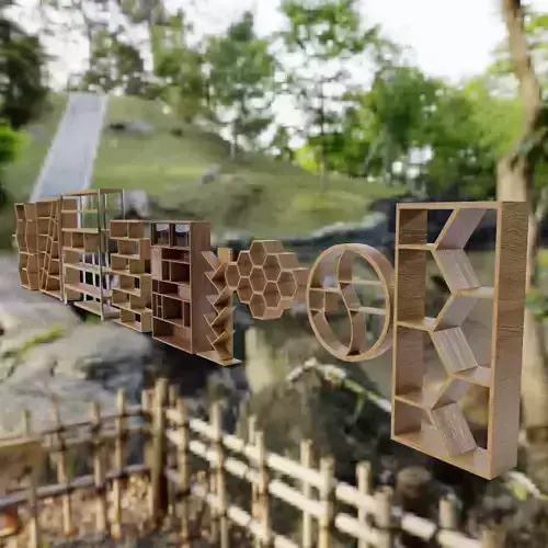 Bookcase Collection set of wooden shelves in wooded area