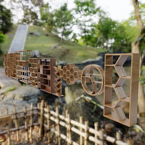 Bookcase Collection set of wooden shelves in wooded area Free 3D model