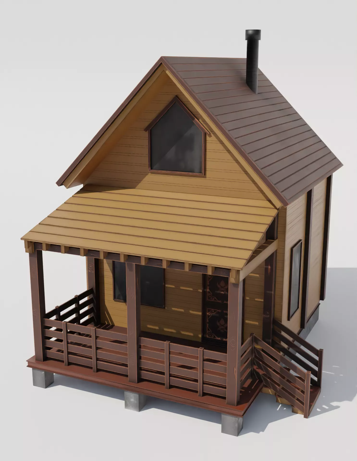 Low Poly House wooden with porch Low-poly 3D model