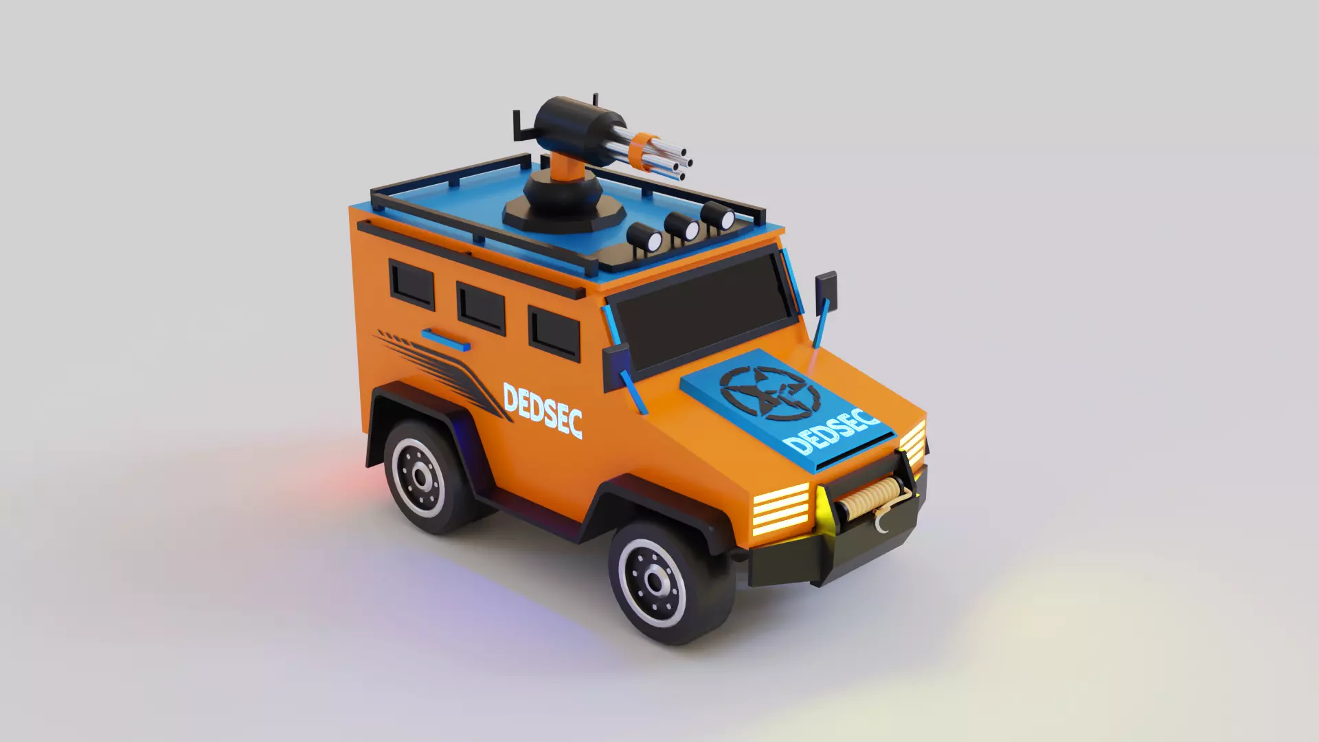 lowpoly car orange toy vehicle with gun on top Free low-poly 3D model