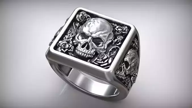 Skull Head Roses Flower Thorns Square Engraved Signet 3D print model