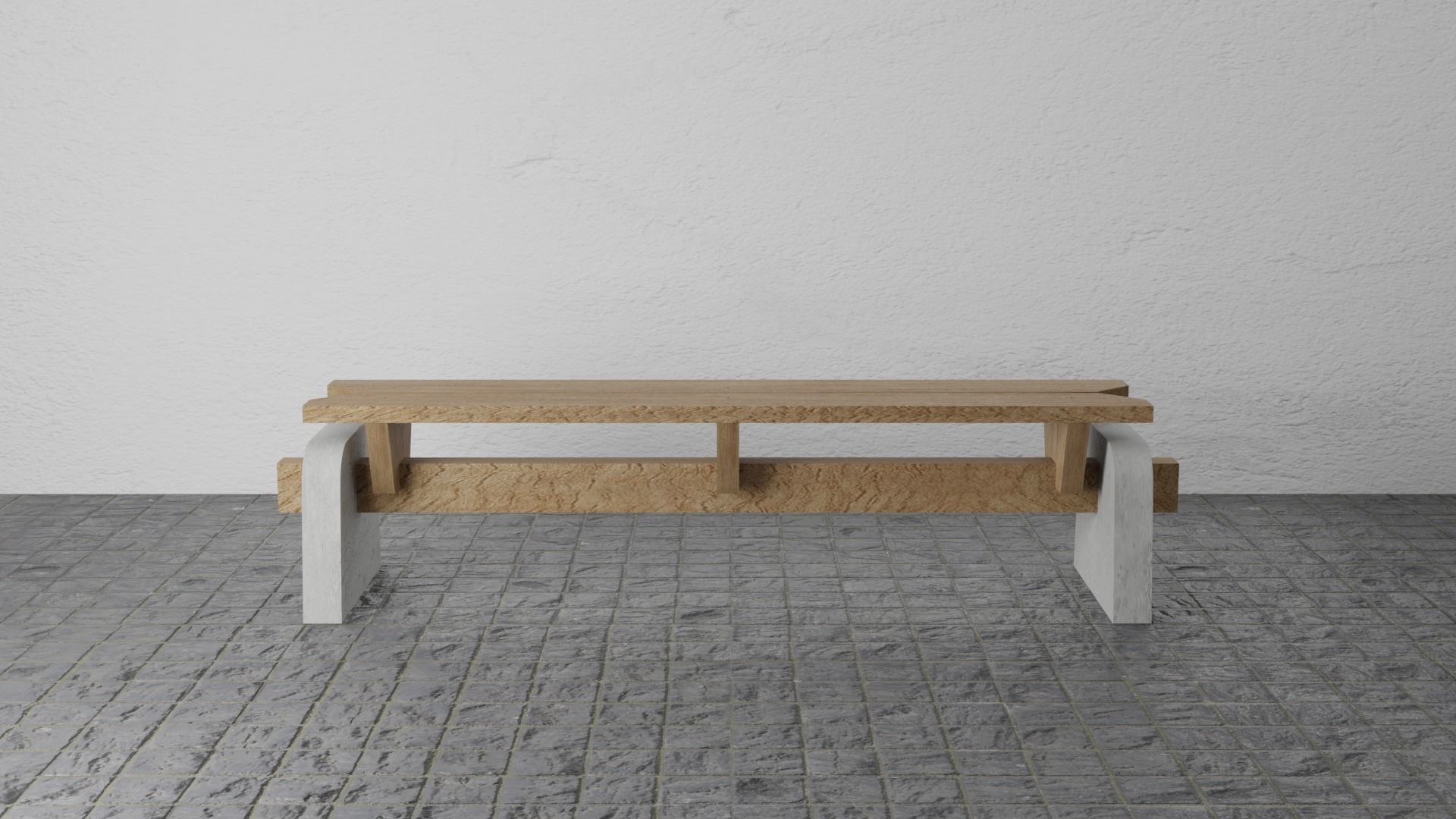 Long bench material is artificial wood concrete base 3D Low-poly 3D model_3