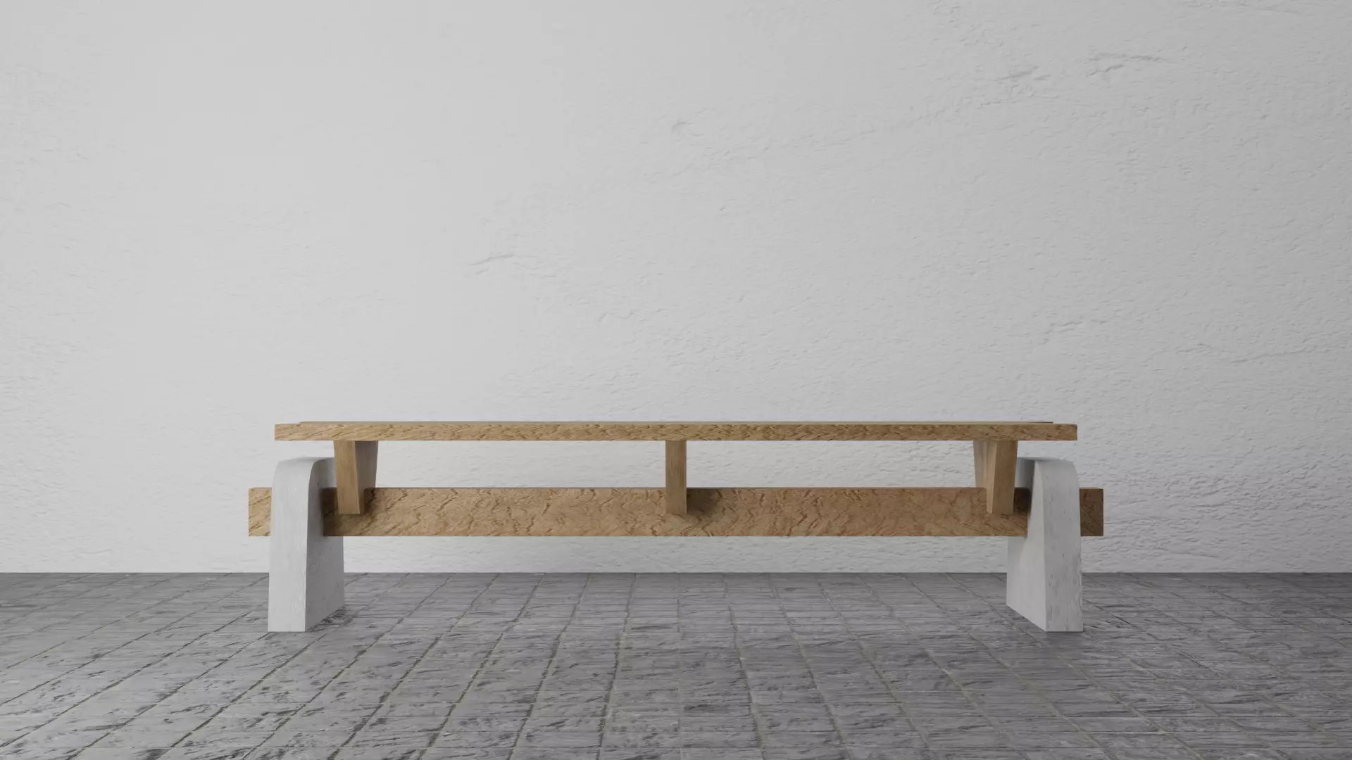 Long bench material is artificial wood concrete base 3D Low-poly 3D model_0