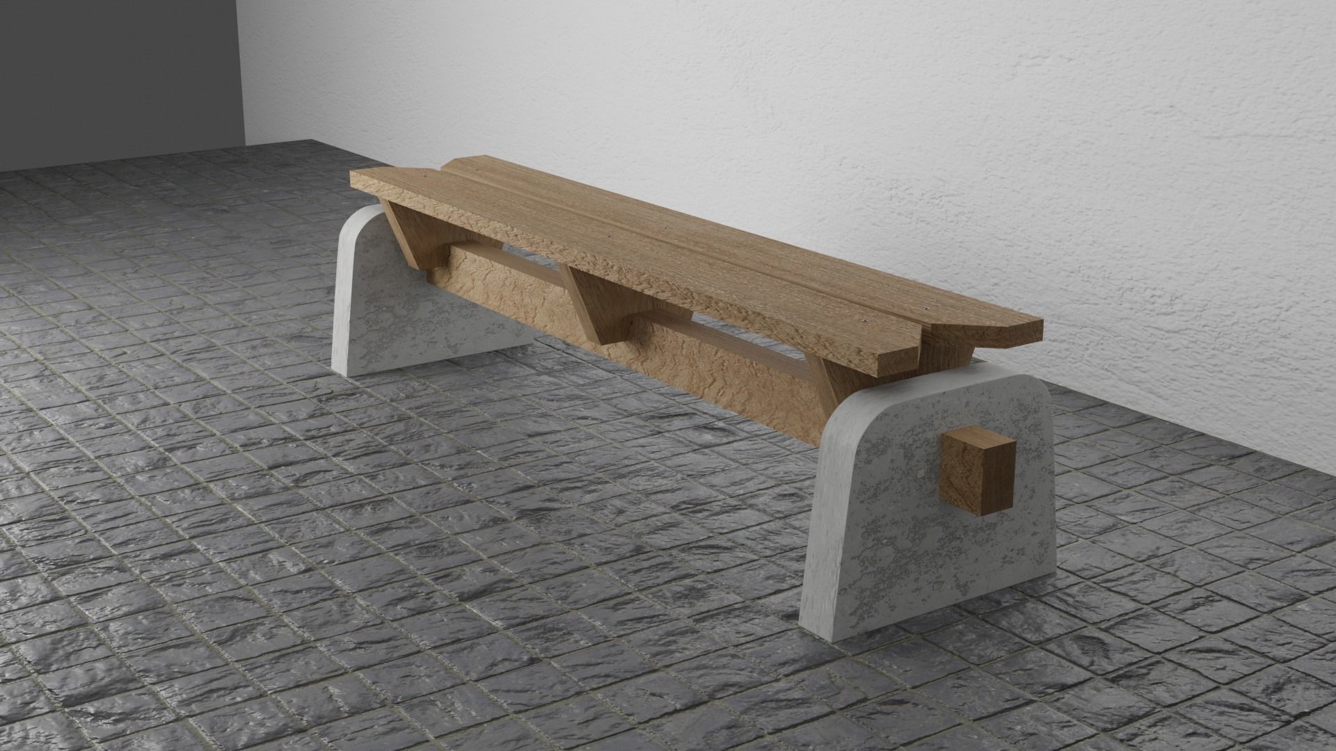 Long bench material is artificial wood concrete base 3D Low-poly 3D model_2