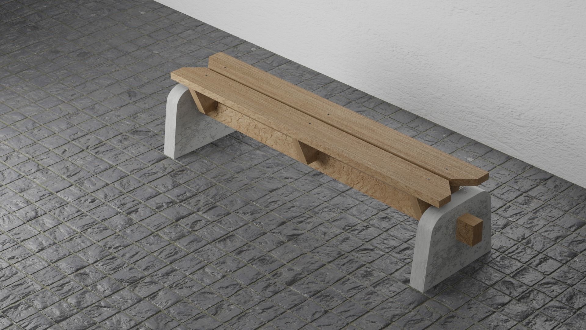 Long bench material is artificial wood concrete base 3D Low-poly 3D model_1