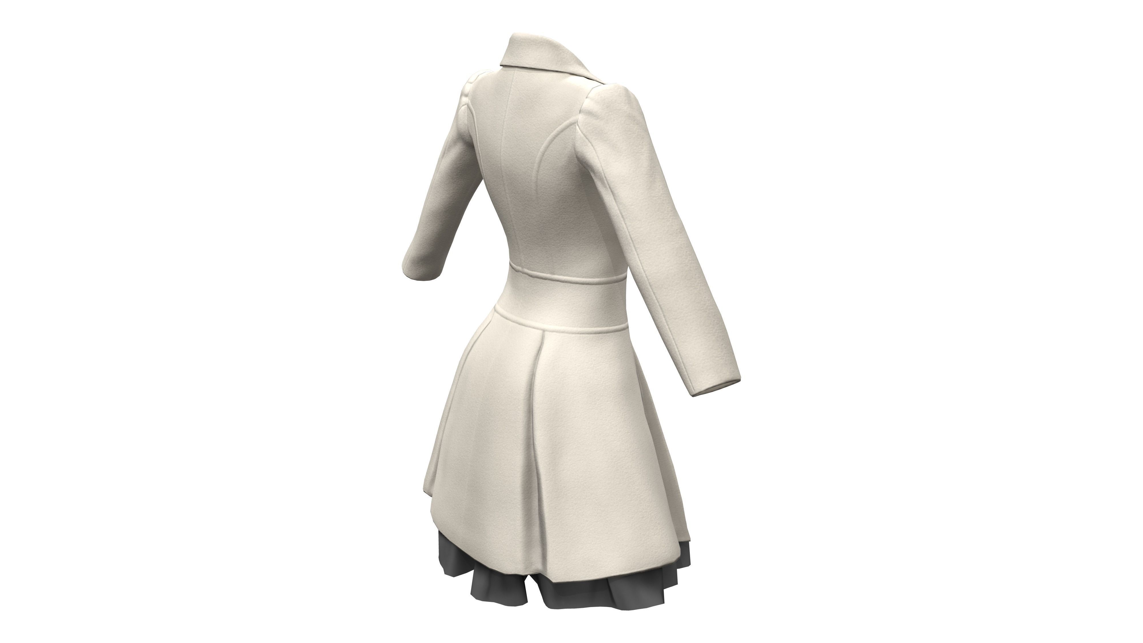 Elegant Buttoned Cream White Winter Coat With Tulle Trim Bottom Low-poly 3D model_5