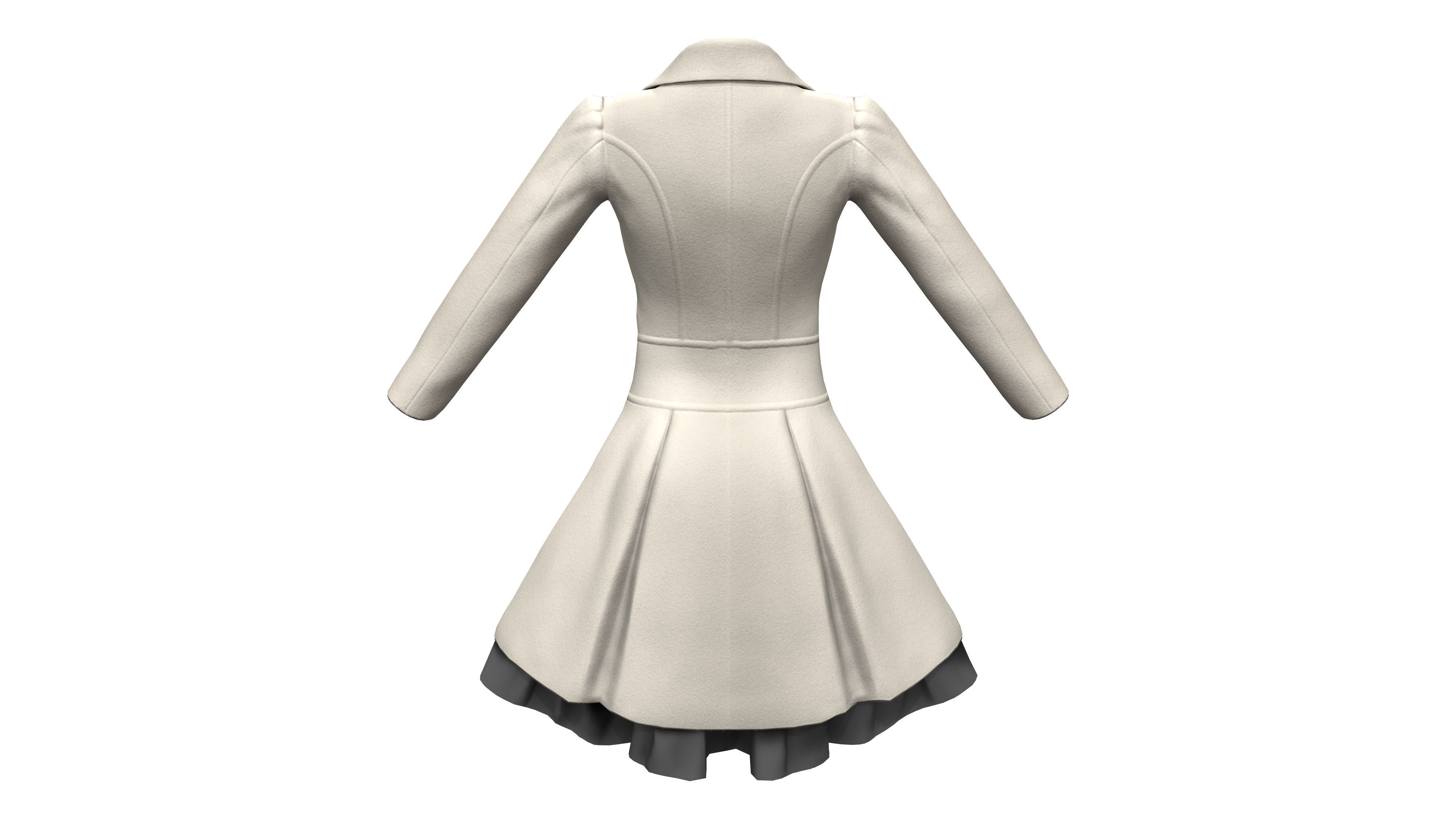 Elegant Buttoned Cream White Winter Coat With Tulle Trim Bottom Low-poly 3D model_4