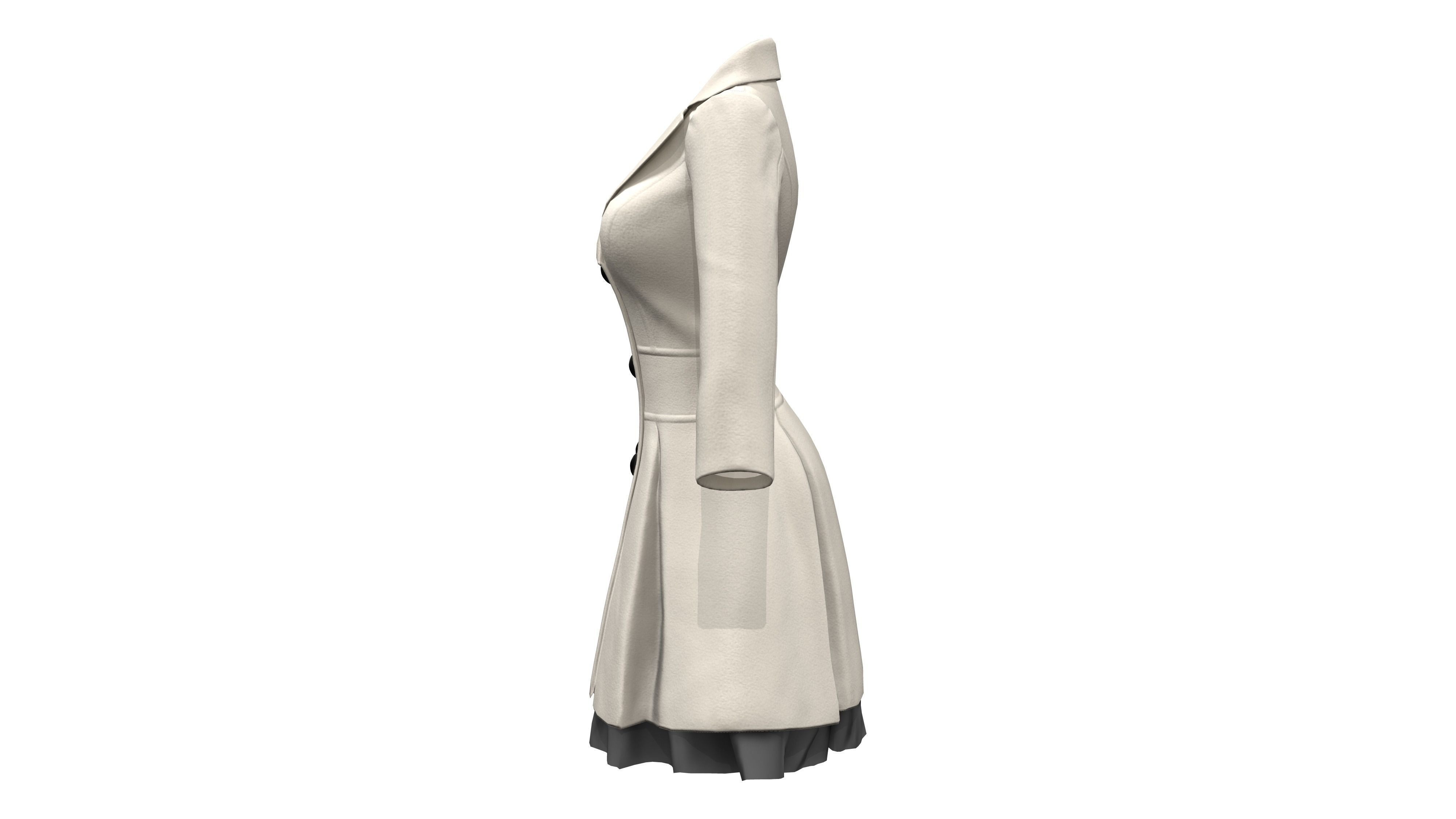 Elegant Buttoned Cream White Winter Coat With Tulle Trim Bottom Low-poly 3D model_3
