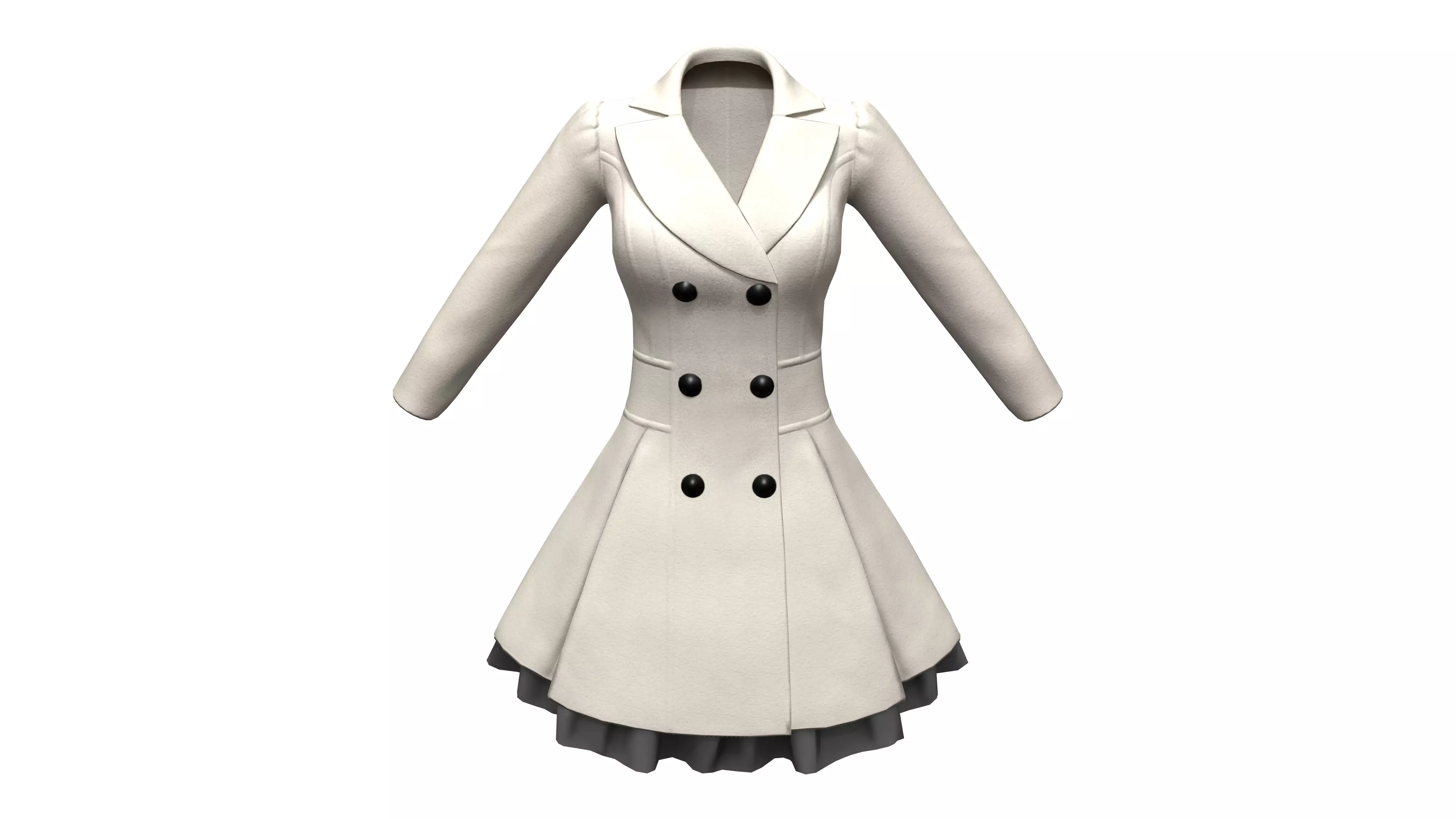 Elegant Buttoned Cream White Winter Coat With Tulle Trim Bottom Low-poly 3D model_0