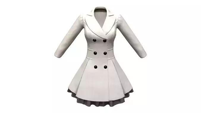 Elegant Buttoned Cream White Winter Coat With Tulle Trim Bottom