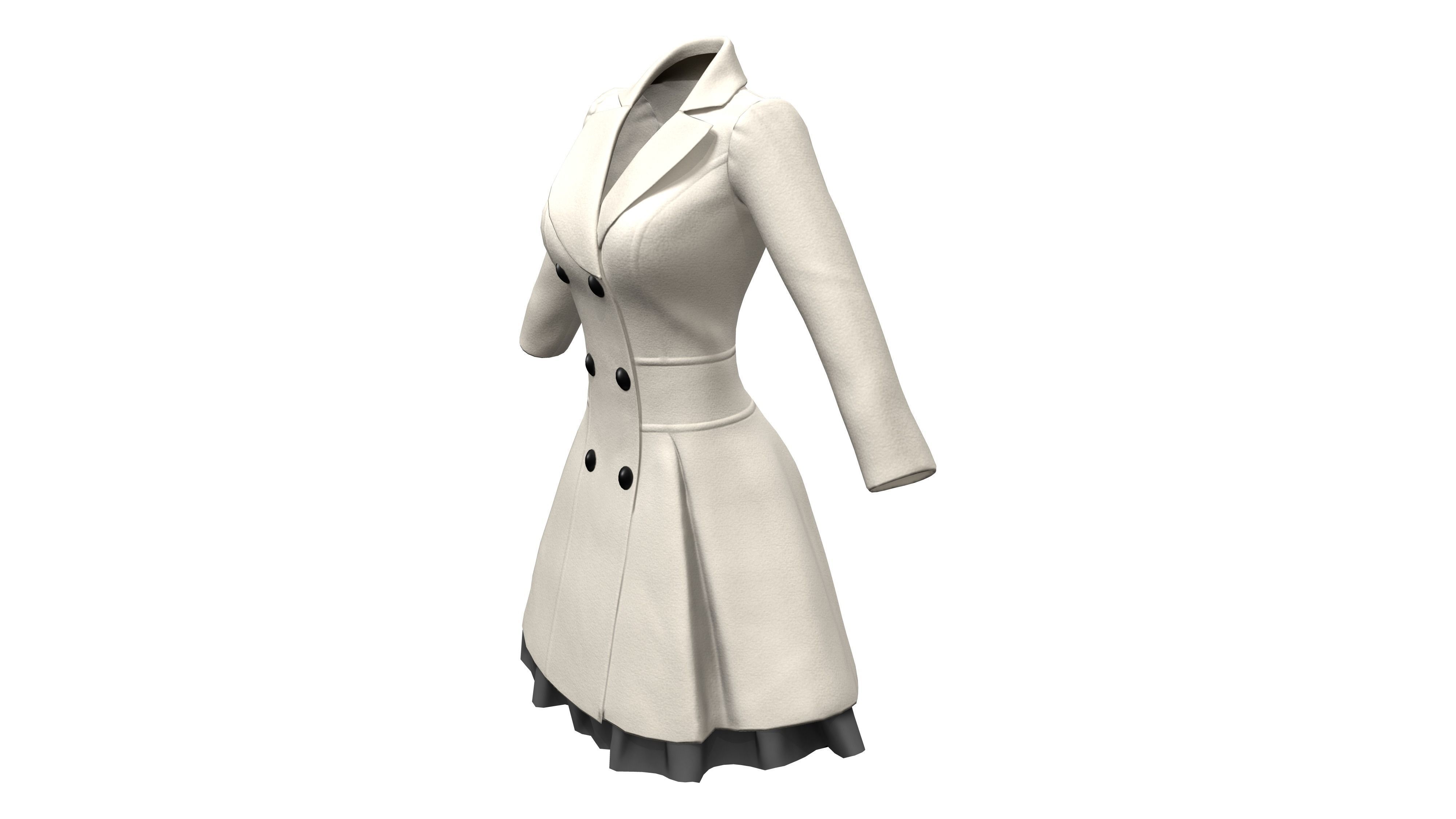 Elegant Buttoned Cream White Winter Coat With Tulle Trim Bottom Low-poly 3D model_2