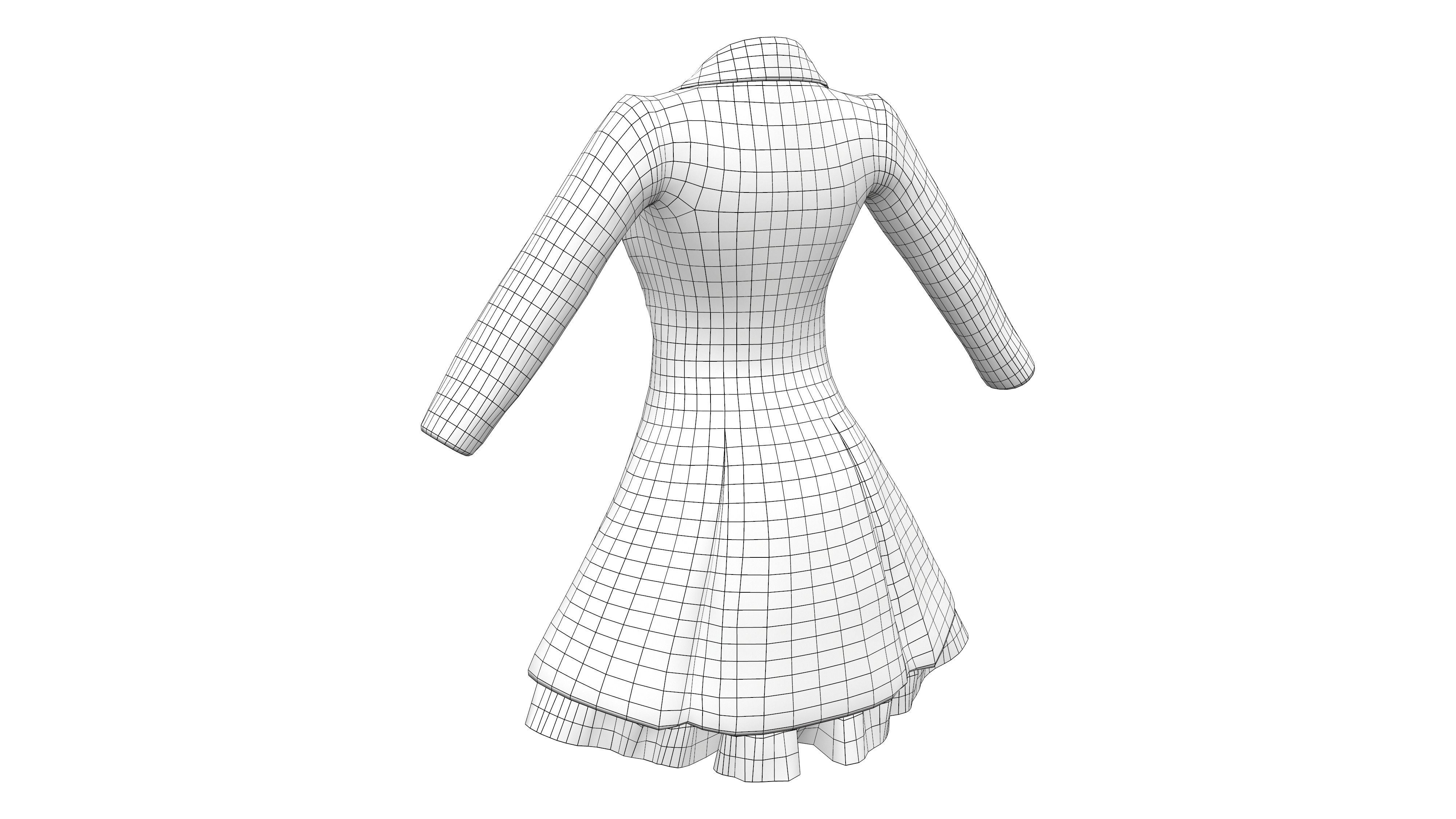 Elegant Buttoned Cream White Winter Coat With Tulle Trim Bottom Low-poly 3D model_7