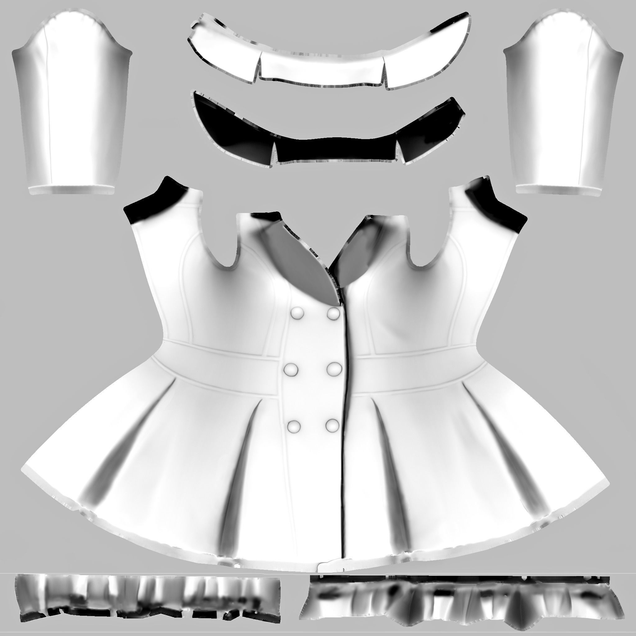 Elegant Buttoned Cream White Winter Coat With Tulle Trim Bottom Low-poly 3D model_12